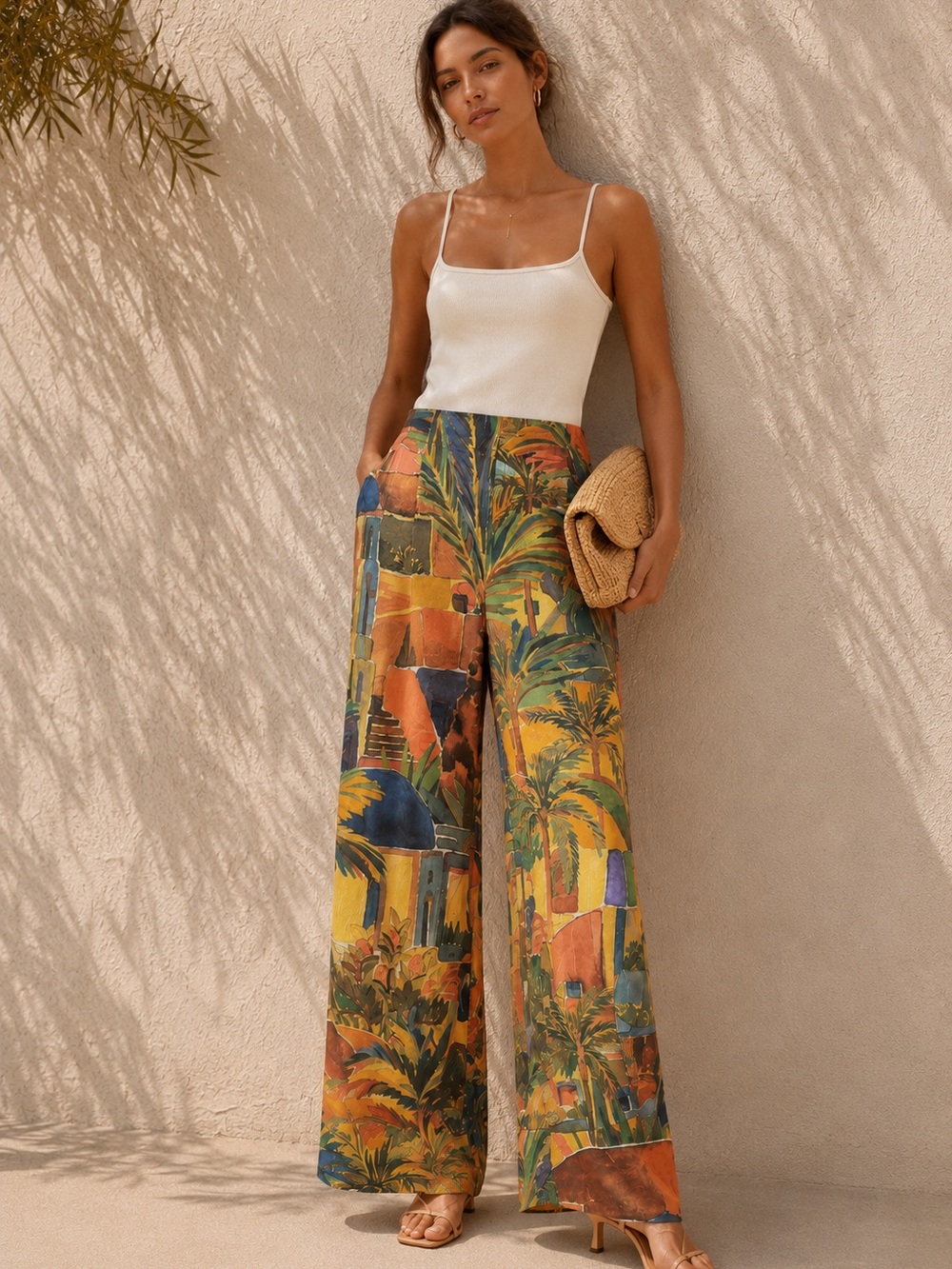 Oysho Tropical Print Wide Leg Palazzo Pants Size L Elastic Back Viscose Resort